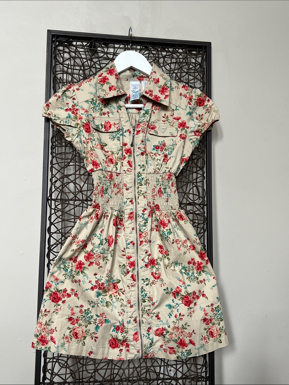 Vintage Y2K Guess Coquette 100% cotton Utility Floral Mini Dress Khaki Rose YL14